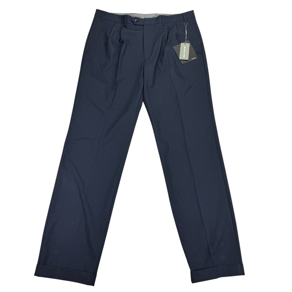 Michael Kors Mens Pleated Cuffed Solid Classic Fit Stretch Pants Navy Blue 36x34